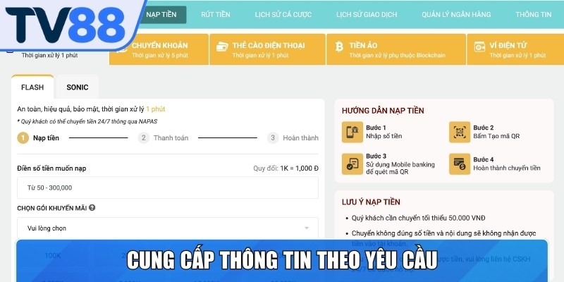 Cung cấp thông tin theo yêu cầu của từng phương thức nạp vốn